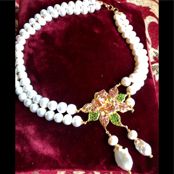 Stamped 925K Jewelry - Luxurious Ruby Chrome Diopside Pearl Necklace